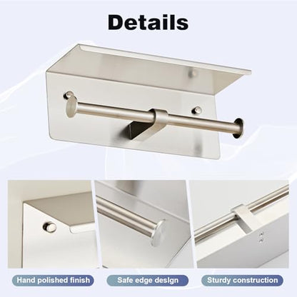 Toilet Paper Holder, NEWRAIN Double Bathroom Toilet Paper Roll Holder with Shelf, Stainless Steel Wall Mounted RV Tissue Roll Holder, Brushed Nickel Commercial Farmhouse Toilet Paper Dispenser - color: Brushed Nickel, style: Double