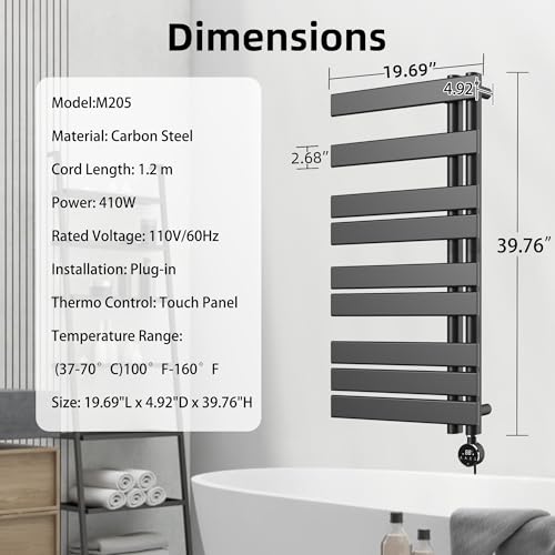 P&Dlusir M205 Electric Towel Warmer, Black, H39.76 x W19.69 | Heated Towel Rack, No Preheat, Fast Dry, Precise Timer, Plug-in/Hardwired - color: Black, size: 39.76"H x 19.69"L