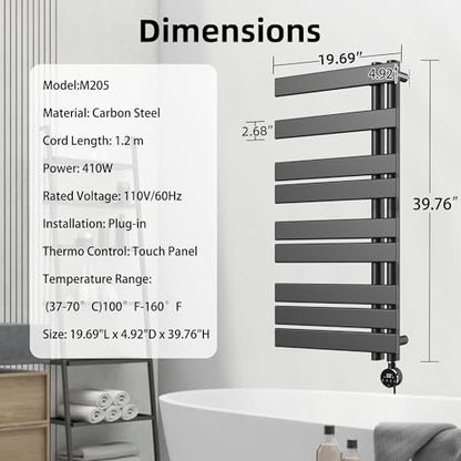 P&Dlusir M205 Electric Towel Warmer, Black, H39.76 x W19.69 | Heated Towel Rack, No Preheat, Fast Dry, Precise Timer, Plug-in/Hardwired - color: Black, size: 39.76"H x 19.69"L