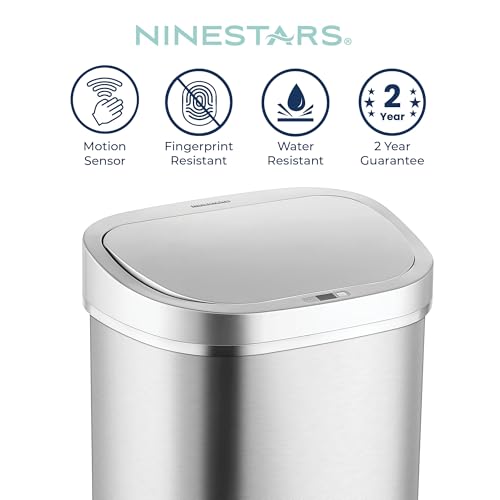 Ninestars DZT-80-35 Deluxe Automatic Touchless Infrared Motion Sensor Trash Can, 21 Gal 80L, Heavy Duty Stainless Steel Base (Oval, Silver/Brush Lid) Trashcan, Ss