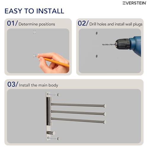 Swivel Towel Rack, Brushed Nickel, 12.5 in, 3-Arm Towel Bar | 304 Stainless Steel, Space Saving, Wall Mounted, With Hook - color: Brushed Nickel