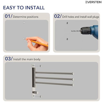 Swivel Towel Rack, Brushed Nickel, 12.5 in, 3-Arm Towel Bar | 304 Stainless Steel, Space Saving, Wall Mounted, With Hook - color: Brushed Nickel