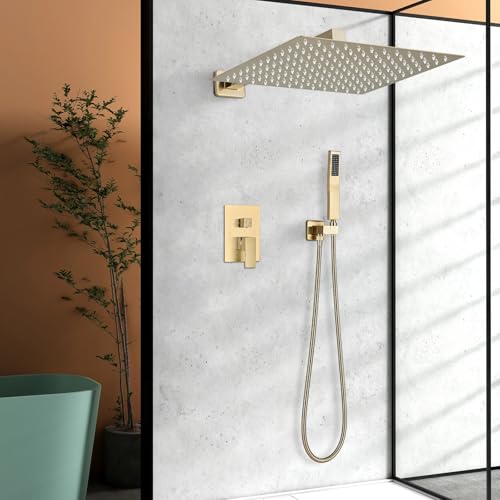 Shower Faucet Rain Shower System with 12 Inches Rainfall Shower Head and Handheld Spray Combo Bathroom Shower Faucet Set Complete Brushed Gold Shower Valve and Trim Kit Wall Mounted - color: Brushed Gold, size: Brushed Gold-12''
