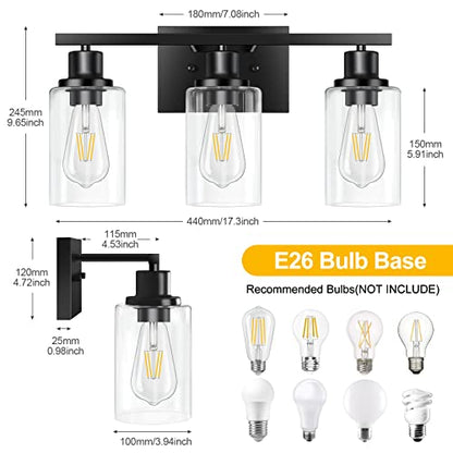 3-Light Vanity Light, Matte Black Bathroom Lighting Fixtures Over Mirror, Modern Metal Wall Lights for Hallway Kitchen Bedroom Living Room | Wall Sconce Light Fixture with Clear Glass Shade Matte Black Modern Metal Wall Lights for Hallway Kitchen Bedroom