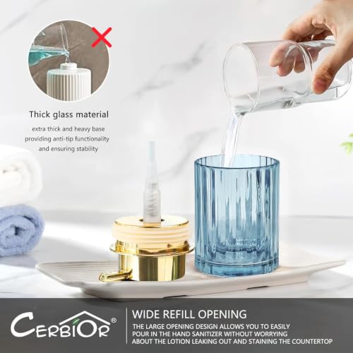CERBIOR Bathroom Accessories Set, 4 PCS Glass Bathroom Set,Golden Blue | Includes Soap Dispenser, Toothbrush Holder, Toothbrush Cup, Soap Dish for Decorative Countertop and Housewarming Gift - style: Grey Blue