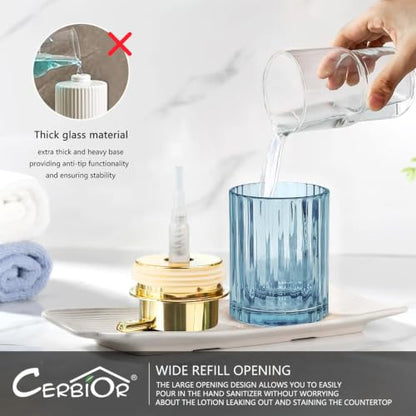 CERBIOR Bathroom Accessories Set, 4 PCS Glass Bathroom Set,Golden Blue | Includes Soap Dispenser, Toothbrush Holder, Toothbrush Cup, Soap Dish for Decorative Countertop and Housewarming Gift - style: Grey Blue
