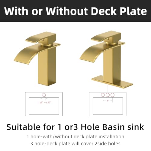 Waterfall Bathroom Faucet, Brushed Gold Stainless Steel, 1-Handle | Modern Bathroom Sink Faucet for RV & Outdoor Basins, Pop-Up Drain, Supply Lines, 6-in Deck Plate, 1- or 3-Hole, NSF Certified - color: Brushed Gold