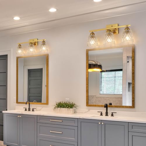 Mecgirn Stainless Steel Bathroom Vanity Light Over Mirror, 3 Light Brushed Gold Bathroom Light Fixtures with Textured Glass Shades, Modern Vanity Lighting Wall Mount - color: Brushed Gold, size: 3 Light
