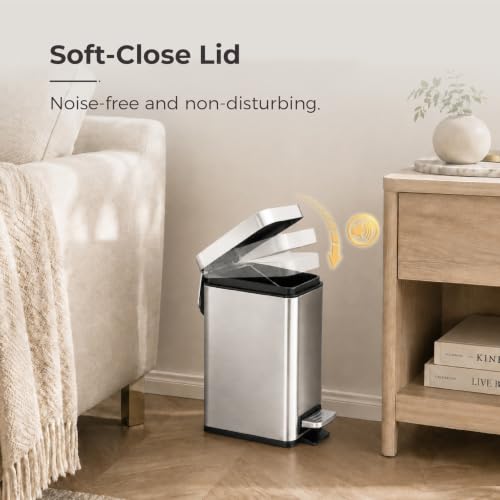 Sineng Bathroom Trash Can with Lid Soft Close, 1.6 Gallon Stainless Steel Small Pedal Garbage Can with Removable Inner Bucket, Waste Bin for Kitchen Bedroom, Compact Toilet Trash bin - color: stainless steel