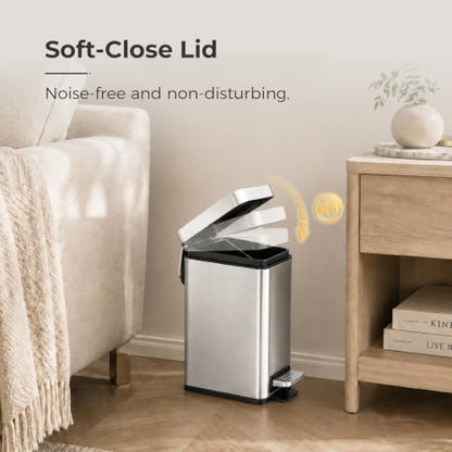 Sineng Bathroom Trash Can with Lid Soft Close, 1.6 Gallon Stainless Steel Small Pedal Garbage Can with Removable Inner Bucket, Waste Bin for Kitchen Bedroom, Compact Toilet Trash bin - color: stainless steel