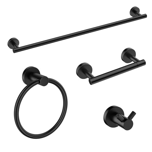 FORIOUS Bathroom Accessories, 4-Piece Bathroom Hardware Set - 24" Towel Bar | Matte Black | Towel Hooks, Towel Racks for Bathroom, Toilet Paper Holder Wall Mounted & Towel Ring | SUS304 Stainless Steel - color: Matte Black, size: 24 in | 4 Pieces