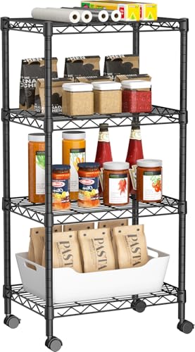Golpart Small Shelves Storage Wire Metal Adjustable Shelf Unit with Wheels | 4 tier Shelving Organizers Storage Shelving for Bathroom Laundry Room Kitchen Pantry 11.7”D x 17.7”W x 44.8”H Black - color: Black, size: 4-Tier(11.7 "D X 17.7"W X 44.8"H)