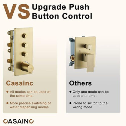 CASAINC 12 Inch Rain Shower Head with Handheld, Brushed Gold Thermostatic Shower System, Wall Mount Rainfall Shower System with Body Jets, 3-Functions Shower System with Thermostatic Valve - color: Brushed Gold, style: Style A