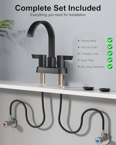 Matte Black Bathroom Faucet,4 Inch Centerset 2-Handle Waterfall | Includes Pop-Up Drain,24-Inch Supply Lines,Mounting Hardware,SUS304 Stainless Steel Construction,And A 360° Swivel Spout - color: Matte Black