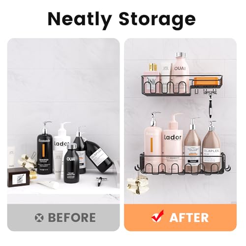 4-Pack Adhesive Shower Caddy, Wall Mounted Bathroom Shelf, Black | 2 Open Grid Baskets, Drill-Free Adhesive, 2 Detachable Hooks, Rustproof Metal, Ideal Bathroom Kitchen Shelf, Holds 25Lbs - color: Black