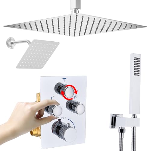 Dual Shower Heads Shower System with 16" Ceiling Mounted Rain Shower Head & 6" Wall Mounted Head Full Body Shower System 3 Way Thermostatic Shower Valve, Polished Chrome - color: Polished Chrome, style: 16inch+6inch