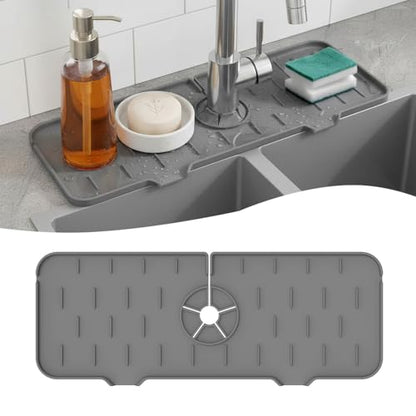 Silicone Faucet Handle Drip Catcher Drying Tray Mat Dish Soap Sponge Holder Accessories Gadgets for Kitchen Counter Bathroom Kitchen Sink Splash Guard (Gray, 14.56") - size: 14.6" x 5.5"