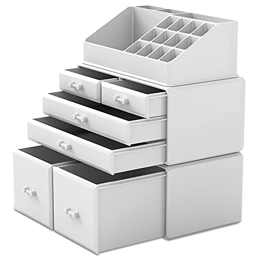 READAEER Makeup Organizer 3 Pieces Cosmetic Storage Case with 6 Drawers (White) - color: White