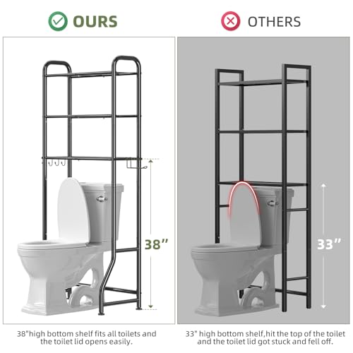 Simple Trending Over The Toilet Storage Rack, Metal 3 Tier Bathroom Organizer Shelf with Paper Holder and 3 Hooks, Freestanding Shelf Space Saver Above Toilet,Black - color: 3-tier Black