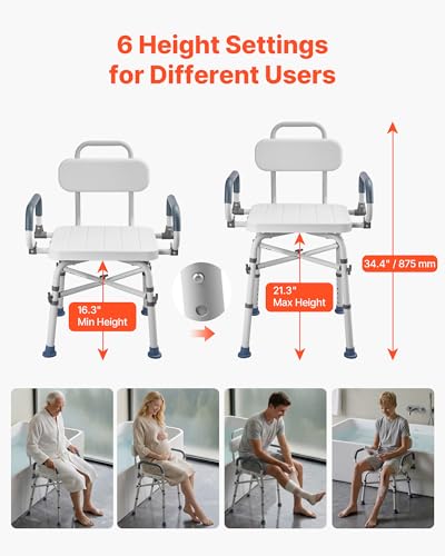 VEVOR Swivel Shower Chair with Arms and Back, 500 lbs Heavy Duty Bench Seat for Inside Shower Stall and Bathtub, Height Adjustable Bathroom Bath Tub Seat for Adults, Seniors, Elderly and Disabled