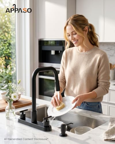 APPASO 4 Hole Kitchen Faucet Matte Black, Dual Handle with Soap Dispenser | Black Kitchen Faucet with Pull Down Sprayer, Square Neck Stainless Steel, Fit for 3 or 4 Holes Standard Sinks, Spot Resist - color: 2-Black