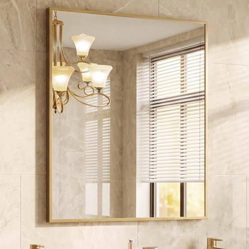 DUMOS Bathroom Mirror for Over Sink, 36"x30" Rectangle Wall Mount Mirror | Modern Vanity Mirrors with Tempered Glass and Metal Frame, Anti-Rust, Horizontal or Vertical for Home Decor, Gold - color: Gold-right Angle, size: 36"L x 30"W