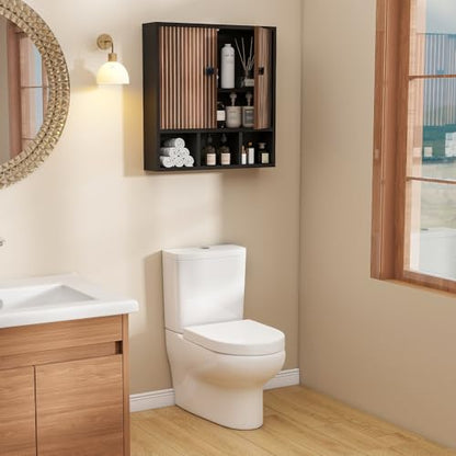 Bathroom Wall Cabinet,Wooden Medicine Cabinet with Fluted Doors Over The Toilet Storage Cabinet with Adjustable Shelf for Bathroom (Black) - color: Black-wood Block