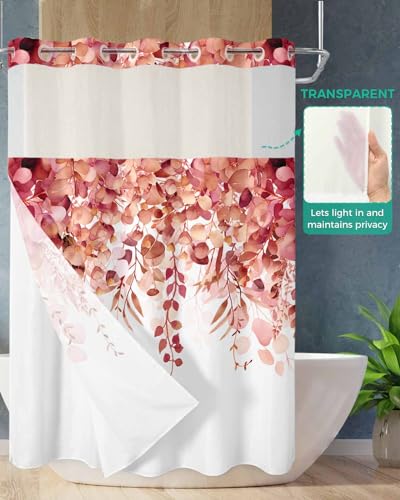 No Hook Shower Curtain and Snap in Liner Set, Red Eucalyptus Fabric Bathroom Stall Shower Curtains 48x72, See Through Mesh Top Window, Spring Summer Botanical Floral Leaves Country Hotel Style - color: Red, size: 48"W x 72"L (Pack of 1)