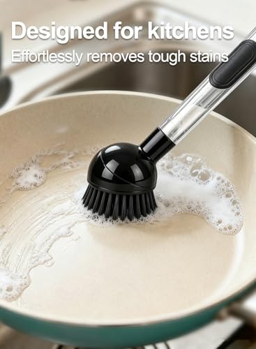 Soap Dispensing Dish Brush with Handle, 360° Rotating Head, 5-Piece Kitchen Cleaning Set (2 Brush Heads & 3 Sponges), Non-Scratch Scrubber for Pot, Pan, Sink, Leak-Proof Dishwand, Black - color: Black