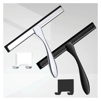 Stainless Steel Shower Squeegee, Silicone Rubber Glass Wiper | With hook, 25.5 x 18 cm, silver or black, for windows, mirrors, shower walls, car glass(1sliver-1black-2hook) - color: 1sliver-1black-2hook
