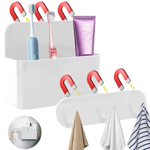 Magnetic Wall-Mounted Toothbrush Holder with Magnetic Hooks for Cruise ，Cruise Ship Essentials 2025- No Drilling Needed for Royal Caribbean & Alaska Cruise Ships, Caribbean Royal Must-Haves（White） - color: White