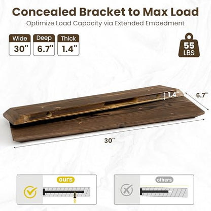 Acovy 30in Solid Spruce Wood Floating Shelves with Beveled Bottom Edges, Wooden Floating Shelf with Heavy-Duty Bracket for Living Room Bathroom Bedroom Kitchen, Rustic Brown, Set of 2 - color: Rustic Brown, size: 30"-2 Packs