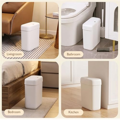 Small Bathroom Trash Can with Lid, 2.7 Gallon Slim Press-Top Trash Can, Pet-Resistant Narrow Plastic Wastebasket, White Garbage Bin for Bathroom Bedroom Office Dorm RV - size: 2.7 Gallon