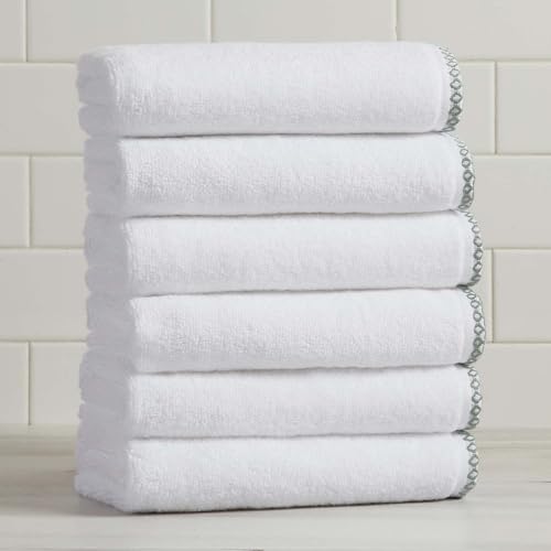 Great Bay Home White/Green Hand Towel Set - Ultra-Soft Cotton, Boho-Chic Border Design - 6 Hand Towels (28" x 16") - Absorbent, Quick-Dry, Lightweight Bathroom Towels - color: White / Eucalyptus, size: Hand Towel (Pack of 6)
