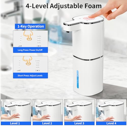 Automatic Foaming Soap Dispenser, Touchless Hand Soap Dispenser, USB Rechargeable, 4 Adjustable Levels, 14.2 oz (420 ml) Large Capacity, for Bathroom, Kitchen & School (White, Foaming) - color: White, size: Foaming