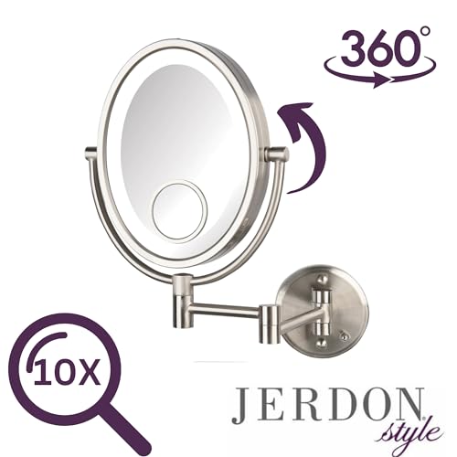 JERDON Hardwired Wall-Mount Makeup Mirror - 10X/15X - Nickel - HL9515NLD | Two-Sided 8" x 10" Oval Frame, 14" Wall Arm, LED, Direct Wire - color: Nickel Direct Wire