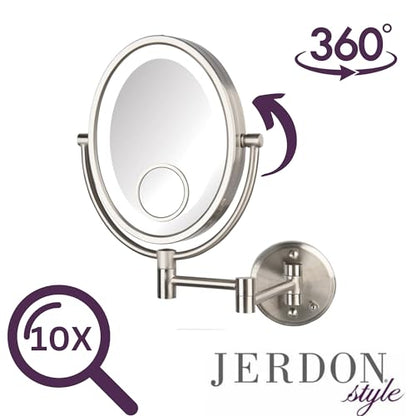 JERDON Hardwired Wall-Mount Makeup Mirror - 10X/15X - Nickel - HL9515NLD | Two-Sided 8" x 10" Oval Frame, 14" Wall Arm, LED, Direct Wire - color: Nickel Direct Wire