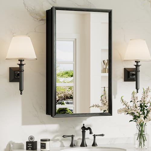 14 x 24 Recessed Medicine Cabinet with Mirror, Assembly Required, Black Medicine Cabinet for Bathroom, Stepless Adjustable Shelves, Beveled Aluminum Frame, DTC Hinge - color: Black, size: 14x24 in