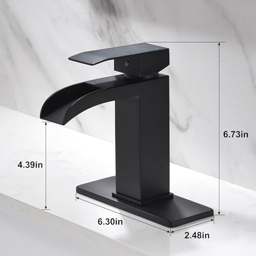 Waterfall Bathroom Faucet Black - Single Handle Bathroom Sink Faucets 1 or 3 Hole for 4IN Modern Solid Vanity Faucet with Deck Plate & Overflow Pop Up Drain Matte Black - color: A- Black