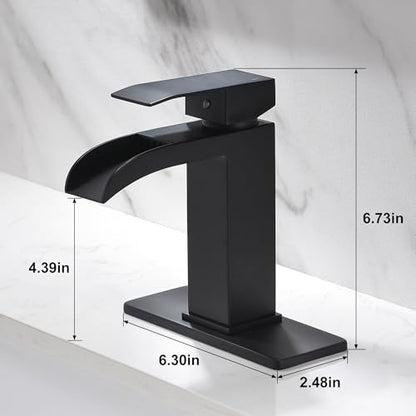 Waterfall Bathroom Faucet Black - Single Handle Bathroom Sink Faucets 1 or 3 Hole for 4IN Modern Solid Vanity Faucet with Deck Plate & Overflow Pop Up Drain Matte Black - color: A- Black