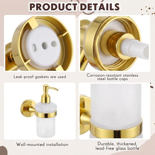 1 Pack Hand Soap Dispenser Wall Mount Bathroom Glass Soap Dispenser Pump Bottle with Stainless Steel Pump for Kitchen Bathroom Countertop (Gold) - color: Gold