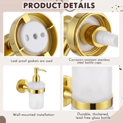 1 Pack Hand Soap Dispenser Wall Mount Bathroom Glass Soap Dispenser Pump Bottle with Stainless Steel Pump for Kitchen Bathroom Countertop (Gold) - color: Gold