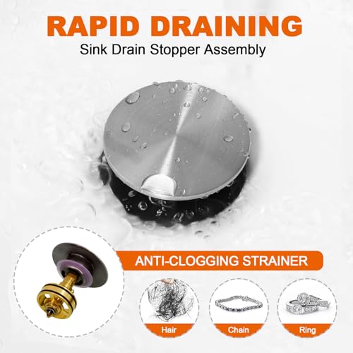 Bathroom Sink Drain Without Overflow, Brushed Nickel Bathroom Sink Stopper for Vanity Vessel Sink, Rapid Draining Stainless Steel Pop Up Drain with Hair Catcher Anti-Clog Strainer - color: Brushed Nickel