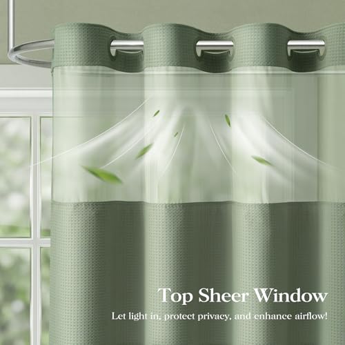 Sage Green Hook Free Waffle Shower Curtain & Snap-in Liner,60x75 | Less Time to install, 3 in 1 Fabric Shower Curtain and Liner Set with Magnets, Stall, Shower Curtains for Bathroom - color: A Sage Green, size: 60"W x 75"L (Pack of 1)