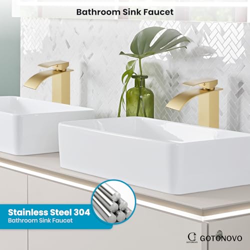 gotonovo Waterfall Tall Bathroom Faucet 1 Hole No Drain, Brushed Gold | Modern Vessel Sink Faucet Single Handle 304 Stainless Steel,24” cUPC Supply Hoses,for Bowl Basin Lavatory Vanity Restroom RV - color: Gold