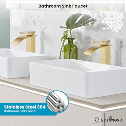 gotonovo Waterfall Tall Bathroom Faucet 1 Hole No Drain, Brushed Gold | Modern Vessel Sink Faucet Single Handle 304 Stainless Steel,24” cUPC Supply Hoses,for Bowl Basin Lavatory Vanity Restroom RV - color: Gold