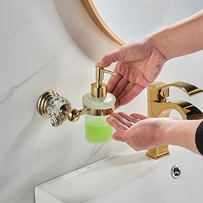 WOLIBEER Crystal Soap Dispenser Wall Mounted, Polished Gold Liquid Soap Holder Bathroom 8.5 OZ Glass Bottle with Pump Stainless Steel