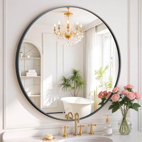 Round Wall Mirror 20 Inch Black Vanity Mirror with Metal Frame | Modern Circle Wall Mounted Decorative Mirrors for Bathroom, Entryway, Bedroom, Living Room - color: Black, size: 20"L x 20"W, style: Round