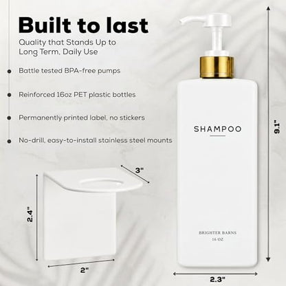 Luxury Shampoo and Conditioner Dispenser Set Wall Mounted by Brighter Barns - Refillable Shampoo Conditioner Body Wash Bottles - Wall Mounted Shower Dispenser for White and Gold Bathroom (White/Gold) - color: White/Gold