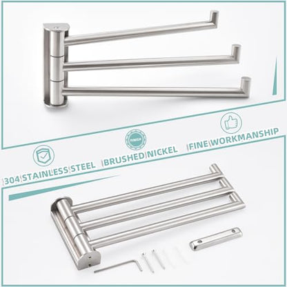 3-Arm Swivel Towel Rack, Brushed Nickel, 304 Stainless Steel | Individually Adjustable 180° Bars, Fold-Flat Design, Hand Towels & Dish Cloths, Bathroom, Kitchen & Laundry Room Use - color: Brushed Nickel